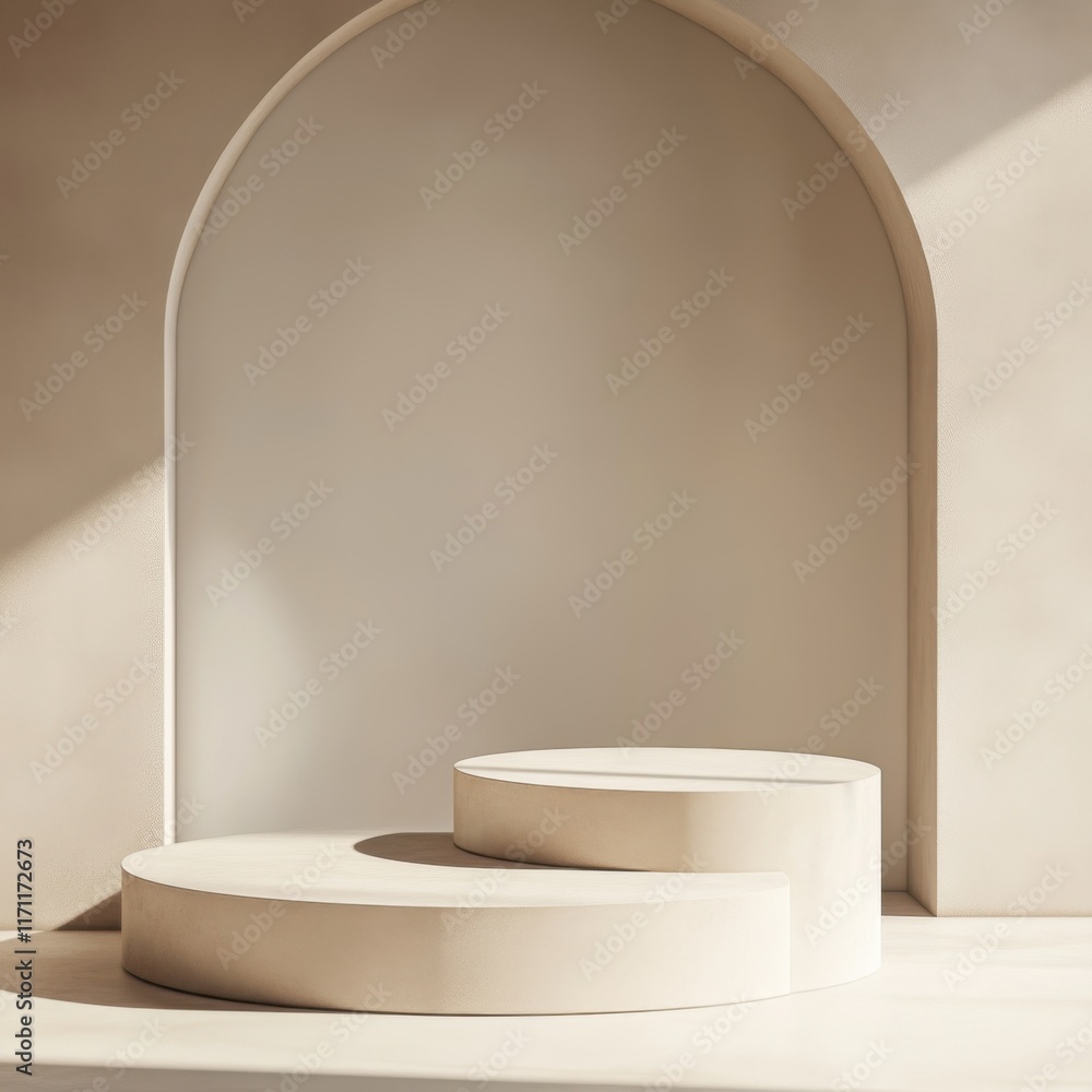 Aufkleber curved display platform within a minimalist interior setting illuminated by soft natural light