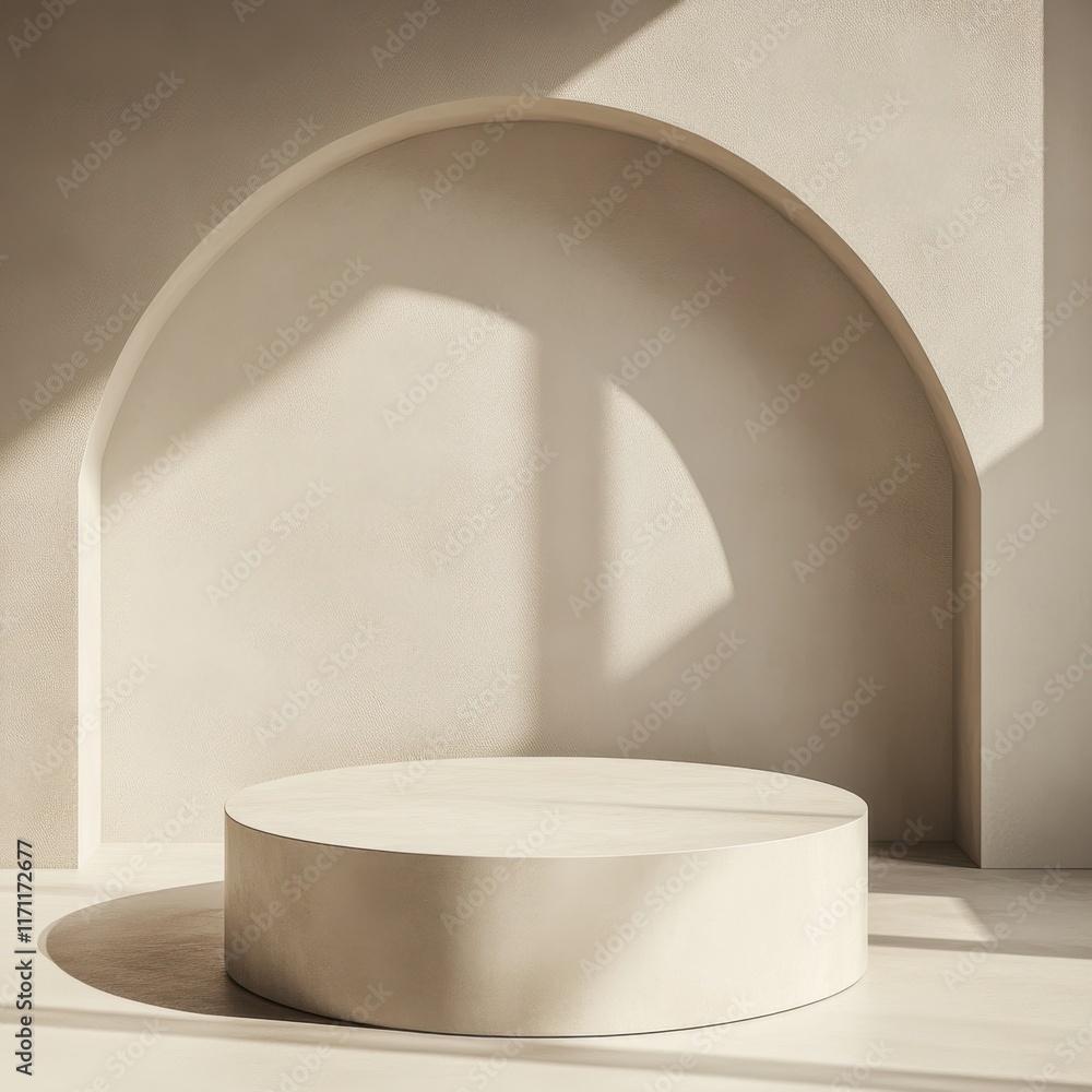 Poster minimalist interior design featuring a circular platform and archway in soft natural light, creating