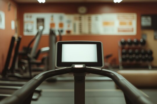 Treadmill display showing empty white screen in gym fitness center - Powered by Adobe