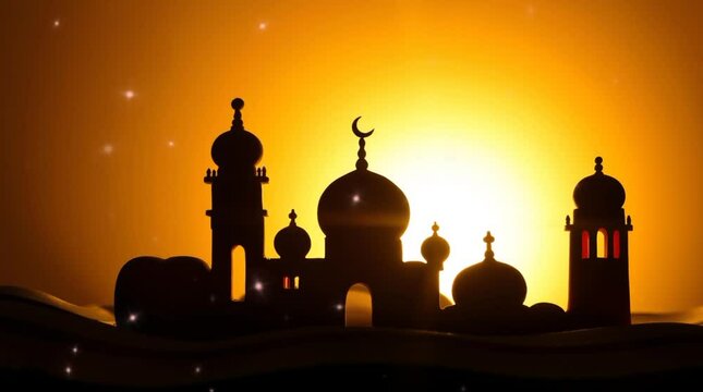 3d illustration of a mosque with golden moon and stars ornament, Ramadhan Kareem concept