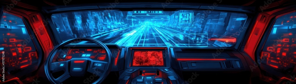 Aufkleber futuristic digital interface inside a high-tech vehicle with neon lights and advanced technology dis