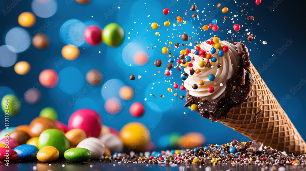 Aufkleber delicious ice cream cone topped with colorful sprinkles and surrounded by candies, creating vibrant 