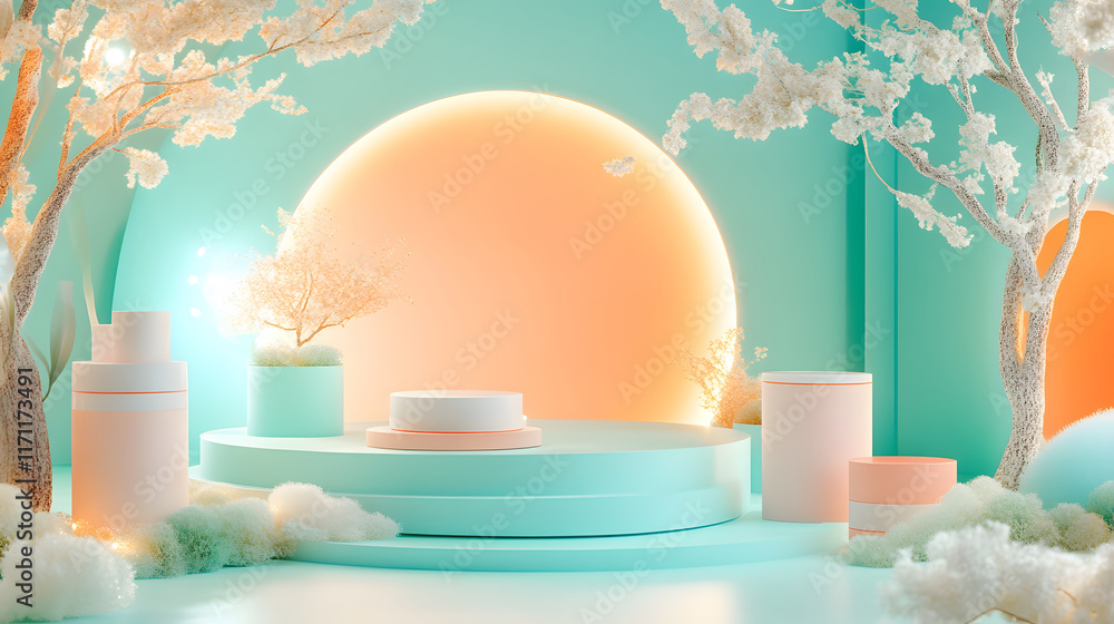 Poster stylish product display with pastel colors and decorative elements in a serene setting
