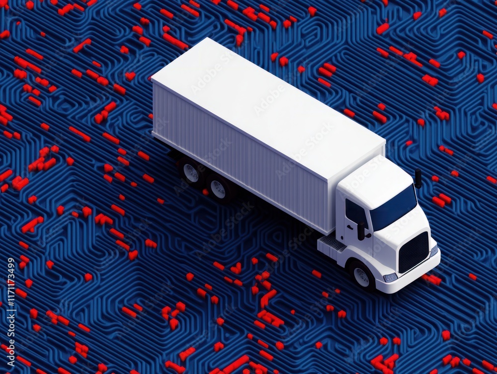 Aufkleber truck on a tech-themed background featuring circuit patterns and bold colors representing innovation