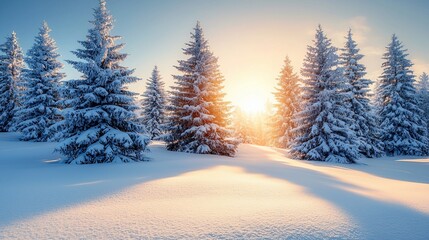 Snowy sunrise in a winter forest.