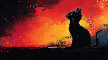 minimalistic yet adorable black cat sitting against vibrant, colorful background. cat gazes thoughtfully, creating striking contrast with fiery hues