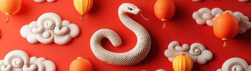Fototapeta premium Serpentine Elegance: Stylized White Snake Surrounded by Traditional Lanterns and Cloud Shapes on Vibrant Red Background for Celebratory Themes