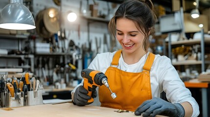 Skilled carpenter uses an electric drill to assemble a wooden door frame in a home workshop during the day