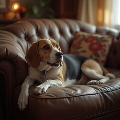 Obraz premium Beagle dog resting on leather sofa in cozy living room.