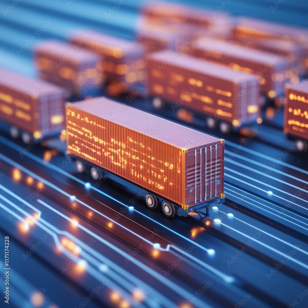 Poster futuristic cargo transport system with containers on digital lines representing modern logistics and