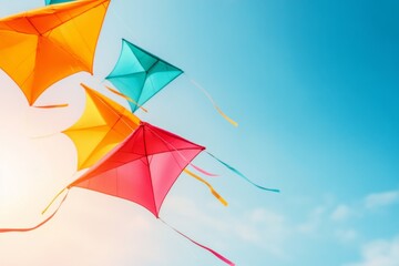 A line of kites stretching into the horizon, creating a chain of vibrant shapes against the sky