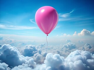 Obraz premium Surreal Pink Balloon Floating in Fluffy White Clouds, Dreamy Blue Sky - Stock Photo