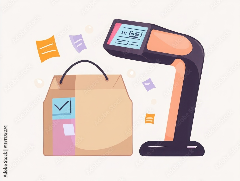 Poster colorful vector illustration of a barcode scanner and package on a soft background, representing eff