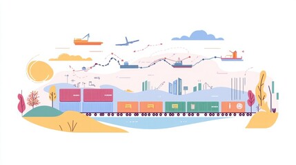 Fototapeta premium Colorful illustration of a freight train transporting containers through a vibrant landscape with shipping vessels in the background and stylized natural elements