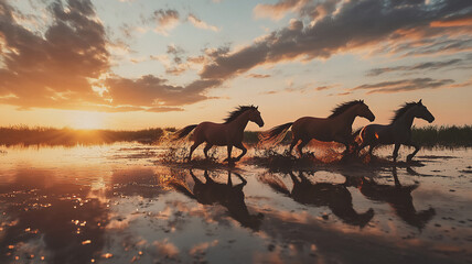 running horses during sunrise in a mudpool with a low Angle 