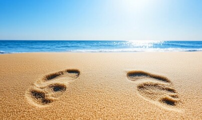 Footprints on sunny beach with ocean waves, ideal for travel ads