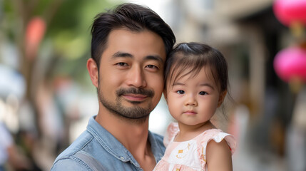 Fototapeta premium Chinese father and daughter posing together in the city with a serene expression