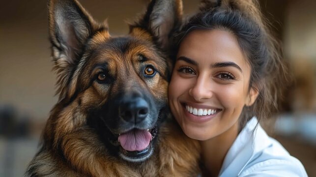 Woman smiling, hugging German Shepherd, indoors, blurred background, pet adoption