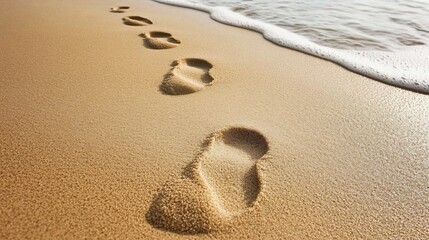 Footprints trail on sandy beach by ocean waves, travel concept