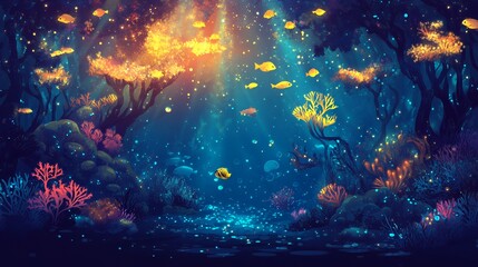 Fototapeta premium Magical Underwater Forest With Glowing Fish And Coral