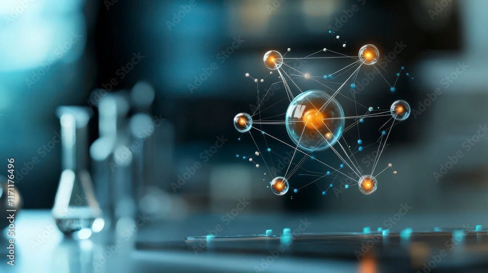 Poster futuristic molecular structure with luminous nodes and laboratory equipment in the background