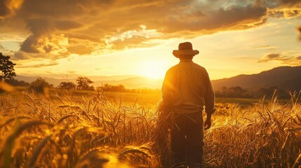 Fototapeta premium A farmer harvesting at sunrise.