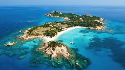 Fototapeta premium Aerial View of Serene Tropical Island Paradise with Turquoise Waters