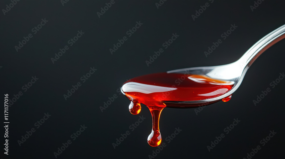 Poster spoon dipped in syrup, showcasing slow pull of sticky liquid, creates captivating visual. rich color