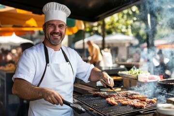 BBQ chef. Man grilling meat at barbecue at outdoor event. Man looking successful, positive and proud. Asian male happy cook in white hat preparing food meat, making grill at culinary celebration