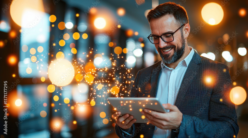 Fototapete smiling man in suit uses tablet, surrounded by glowing particles, showcasing technology and innovati