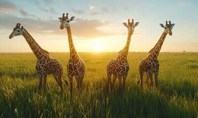 Obraz premium Four giraffes in savanna grassland at sunset