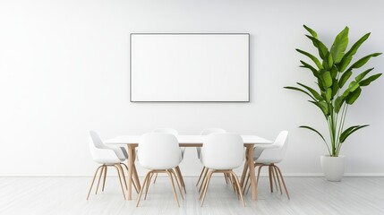 Modern minimalist office interior with white walls, elegant furniture, and green plant enhancing workspace atmosphere