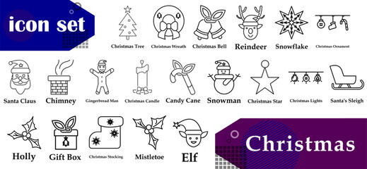 Stunning set of Christmas icon illustrations, ideal for Christmas greeting card designs, party invitations, promotional posters, social media, websites or other digital decorations.