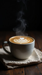 A ceramic coffee mug with latte art, placed on an old cloth napkin, captured in a closeup shot against a dark background.