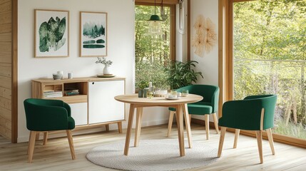 Modern dining room with round table, green chairs, and sideboard.