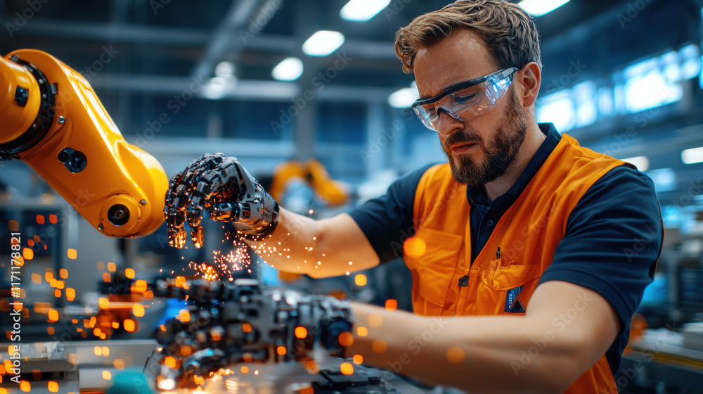 Aufkleber skilled engineer programming robotic arm in modern factory, showcasing advanced technology and preci