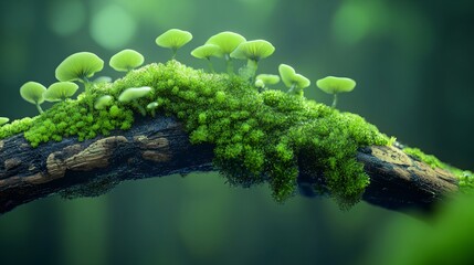 Textured Close-Up of Fungi Growing on a Decaying Branch Covered in Green Moss