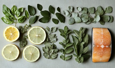Fresh salmon, lemon slices, and herbs arranged on gray background for culinary use