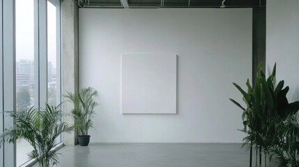 Modern gallery interior with blank canvas, plants, and large window.