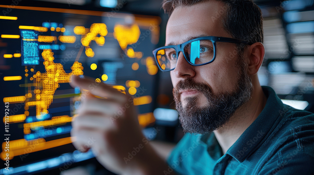 Fototapete advanced cybersecurity expert analyzing data on digital screen, showcasing technology and innovation
