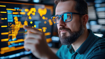 Advanced cybersecurity expert analyzing data on digital screen, showcasing technology and innovation in modern workspace