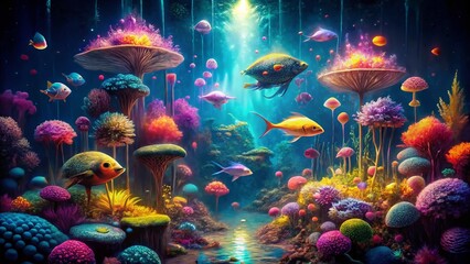 Surreal Underwater Scene: Aquarium Bottom Feeders in a Dreamlike World