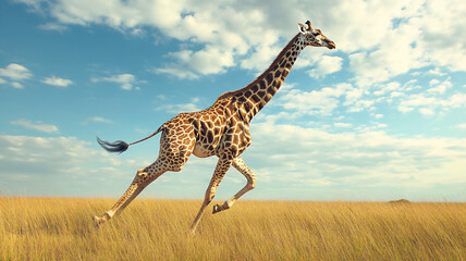running giraffe during mid-day in a grassfield with a low Angle 