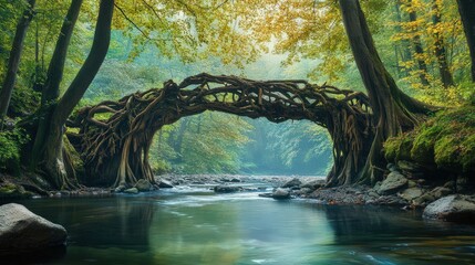 Fototapeta premium Ancient tree roots form a natural bridge over a tranquil stream