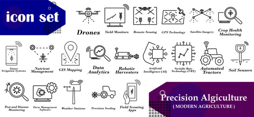 precision agriculture icon set with a modern approach that combines technology and agriculture. ideal for modern agriculture applications, agri-tech branding, smart agriculture content. etc.