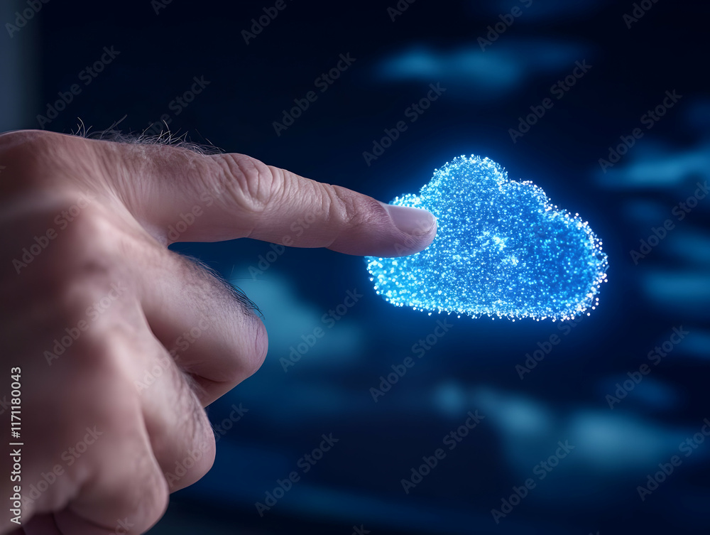 Poster man's finger points to digital cloud; night sky background; data storage concept; website banner