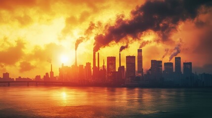 Fototapeta premium Apocalyptic Sunset: Industrial Pollution and Urban Skyline