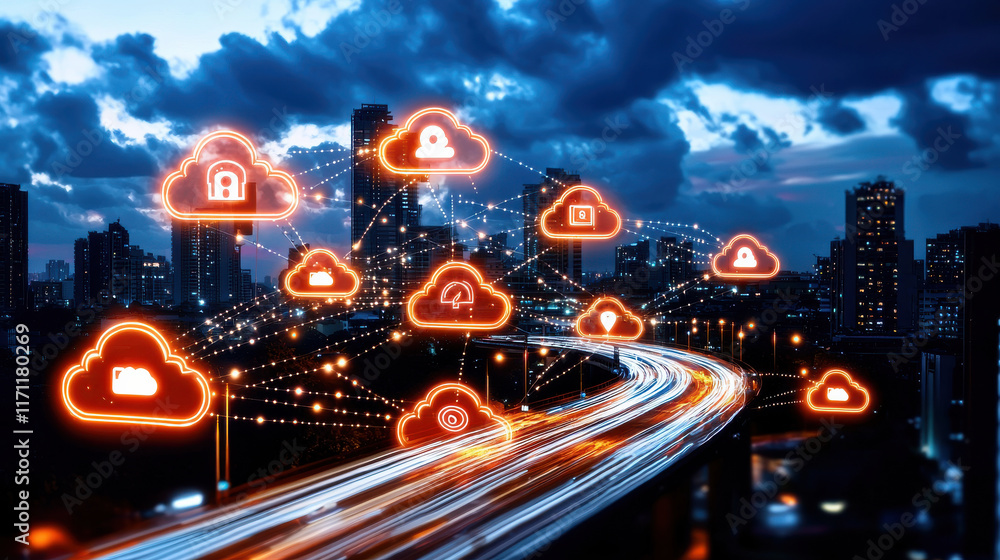 Poster visual concept of secure cloud computing with encrypted data connections, showcasing city skyline at dusk. image highlights digital cloud icons representing data security and connectivity