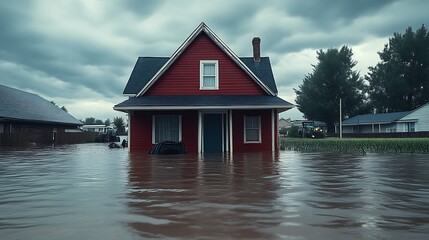 Flooded Red House: A Somber Rural Landscape