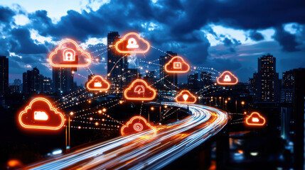 visual concept of secure cloud computing with encrypted data connections, showcasing city skyline at dusk. image highlights digital cloud icons representing data security and connectivity